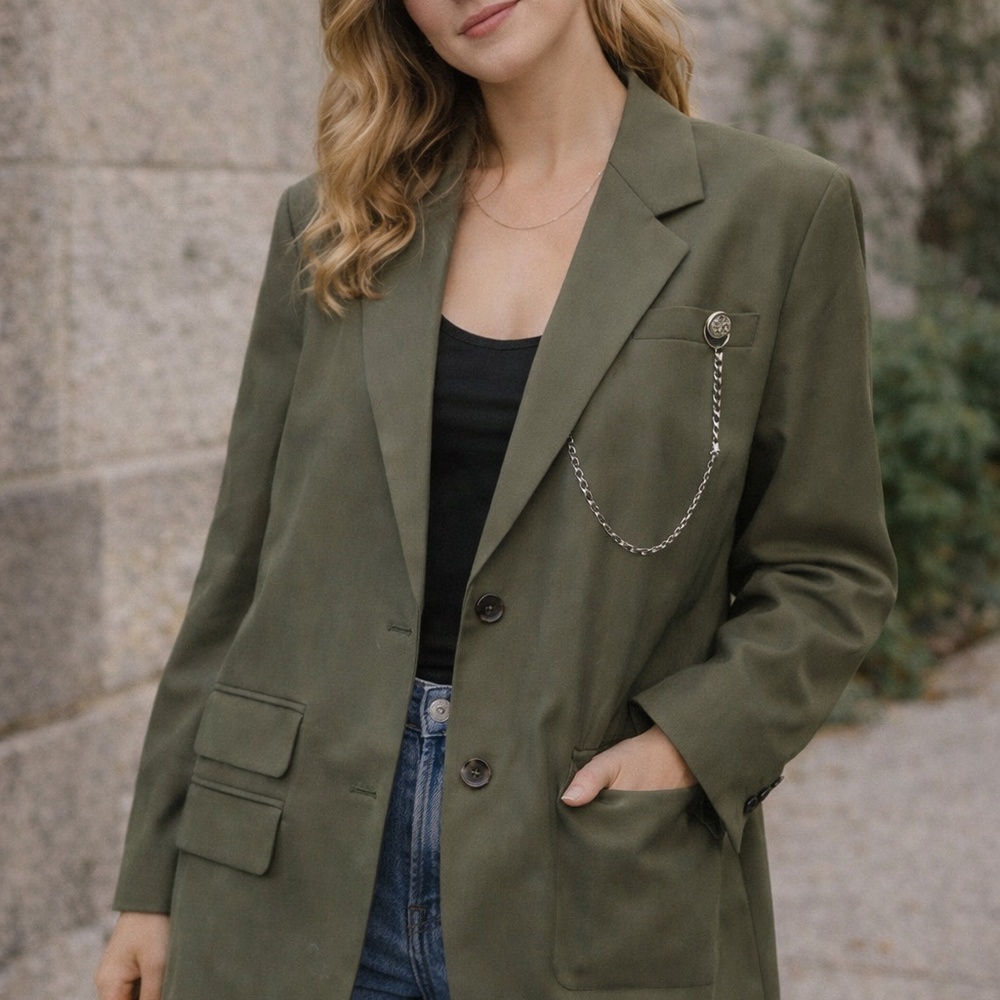 Military Green Oversized Blazer Women’s Size M 2-Button Soft Fabric Utility Jack